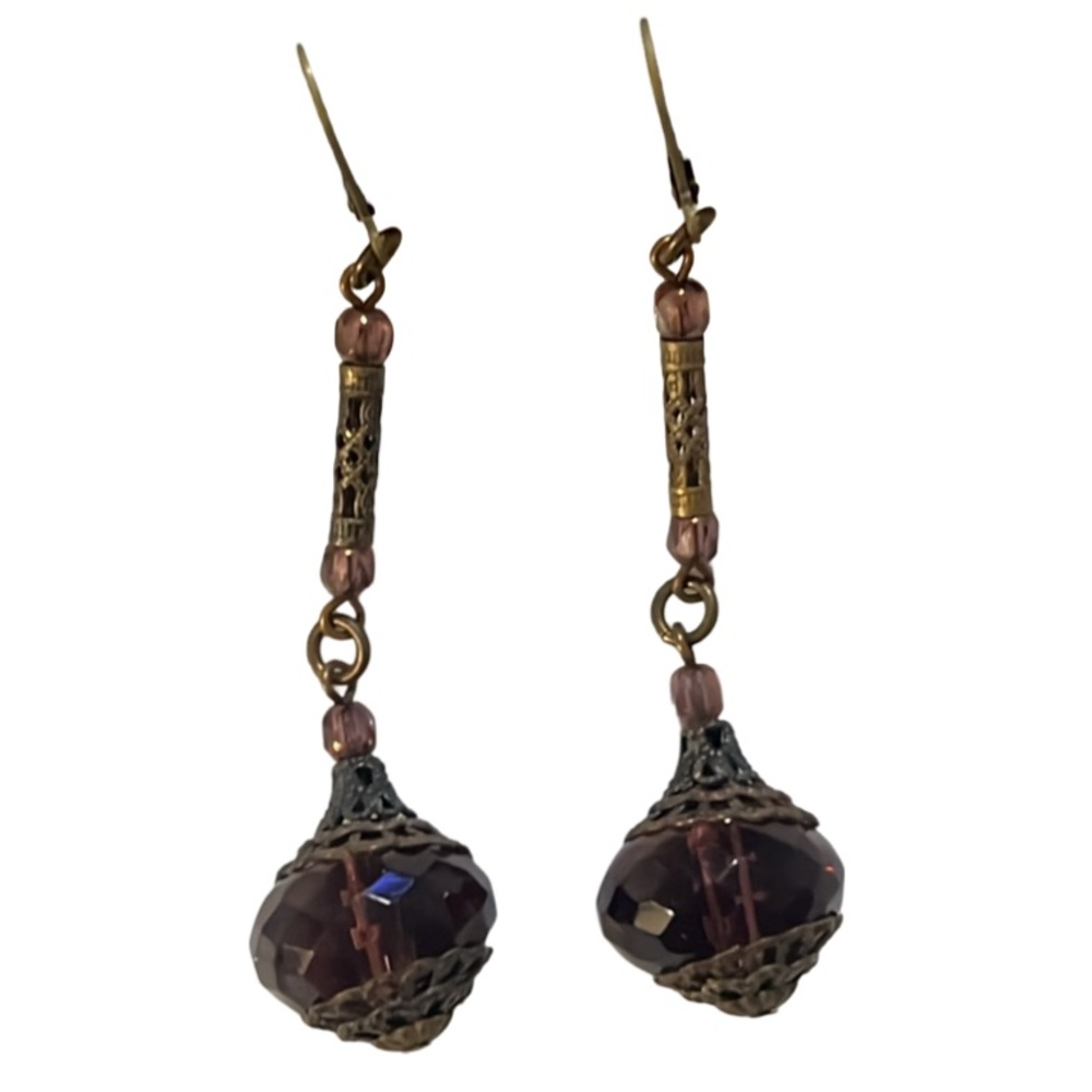 Antique Art Nouveau Bronze Filagree Purple Czech Glass Beaded Drop Earrings - Picture 2 of 15